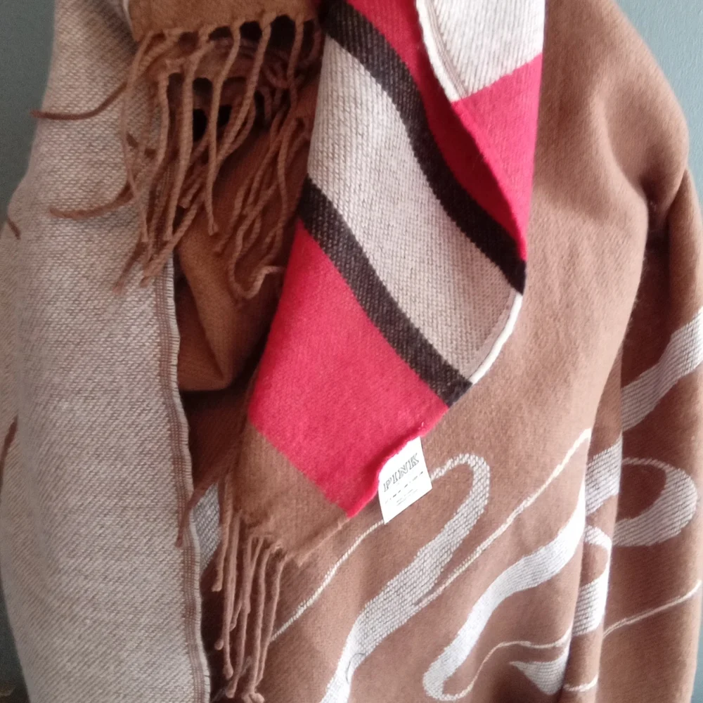 Victoria's Secret Pink Oversized Blanket Scarf Wrap Tan White Pink Stripe Fringe